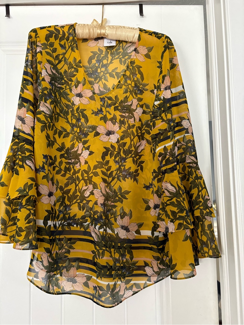 CAbi Mustard Yellow Floral V-Neck Sheer Blouse